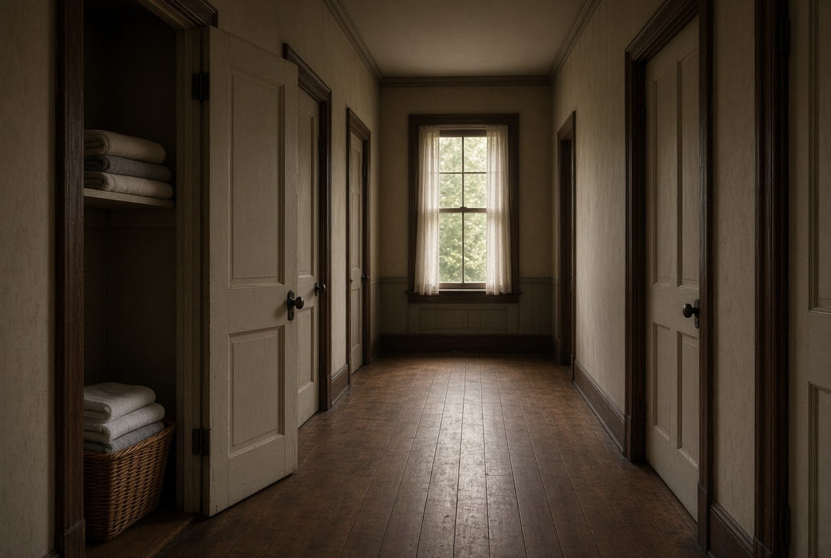 Long hallway with white paneled doors on both sides, wooden floor, and window at far end with natural light streaming in
