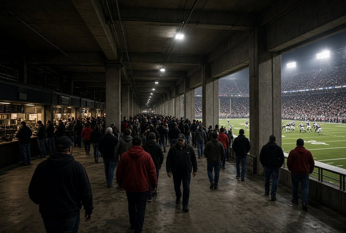 Crowds of spectators walk through a concourse beneath stadium infrastructure, with a football field visible through large windows on the right