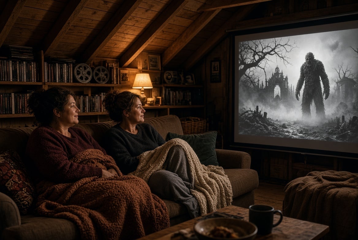 Two people sit on a couch wrapped in blankets, watching a horror movie on a projection screen in a cozy, dimly-lit library room