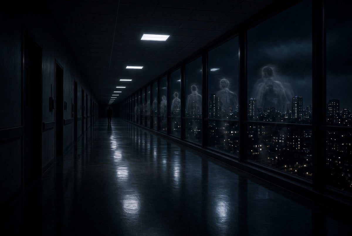 Dark corridor with fluorescent ceiling lights and floor-to-ceiling windows showing a nighttime cityscape with illuminated buildings below