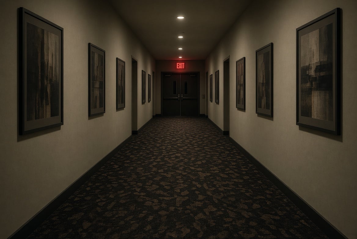 Long dimly lit hallway with framed artwork on both walls, dark carpet, and a red EXIT sign glowing at the end