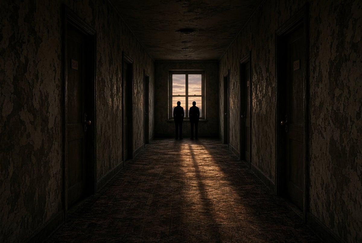Dark hallway with weathered walls and a silhouetted figure standing in the backlit doorway at the end