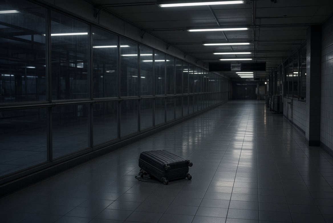 Single black suitcase abandoned in a long, empty modern corridor with fluorescent lighting and glass partitions