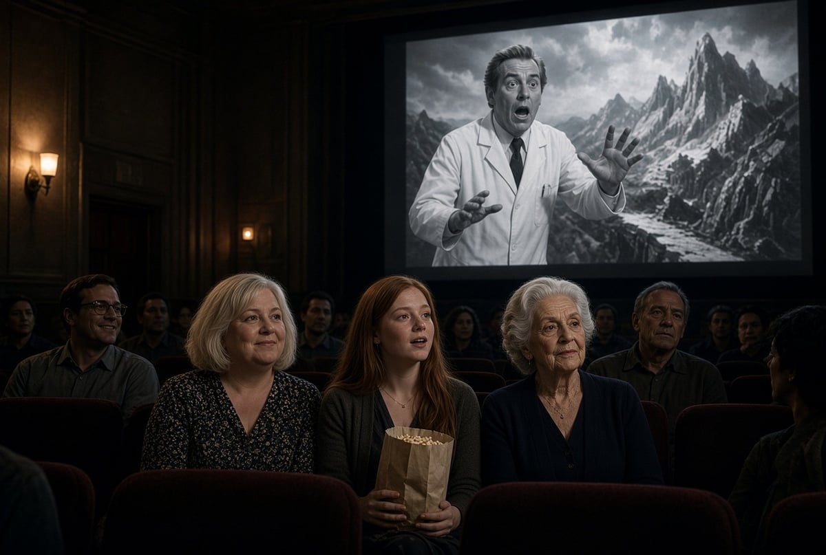 Audience members watching a black and white film projected on screen showing a man in a white coat with dramatic mountain scenery